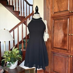 Vtg Deadstock Black Halter Dress Rhinestone New with Tags Fit and Flare